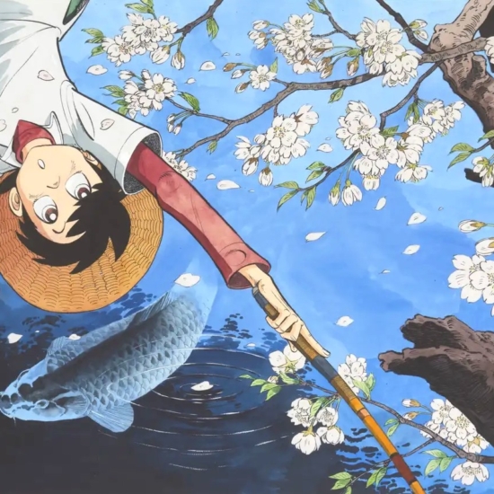 矢口高雄の絵画作品　タイトルは、釣りキチ三平生誕50周年記念〜桜吹雪の鯉〜